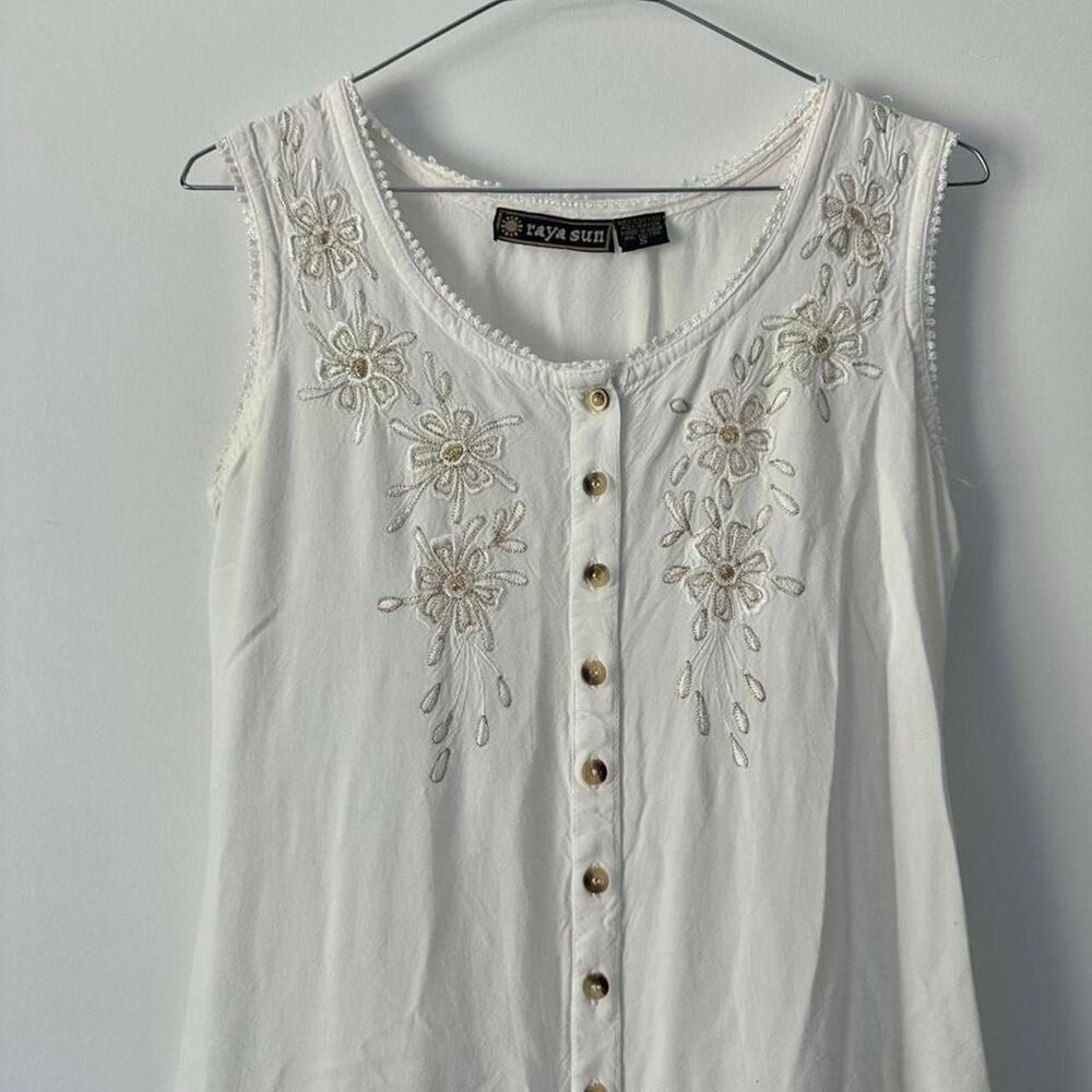 Raya Sun Women's white cotton & rayon mini dress gold floral embroidery small